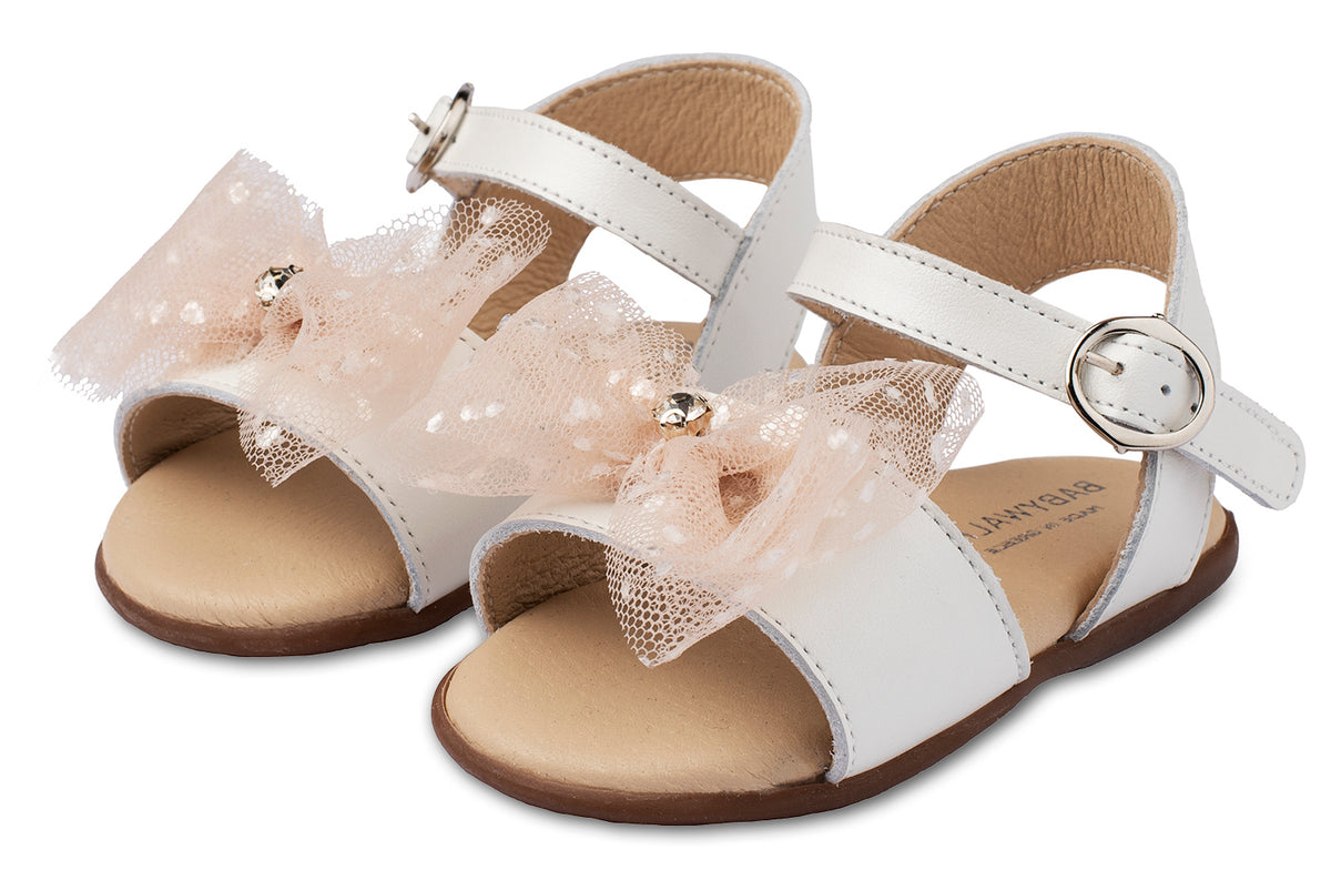 Babywalker Sandals with Handmade Tulle and Rhinestone Bow PRI2612 Ecru Nude
