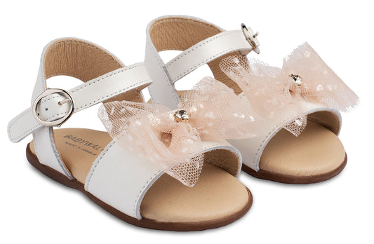 Babywalker Sandals with Handmade Tulle and Rhinestone Bow PRI2612 Ecru Nude